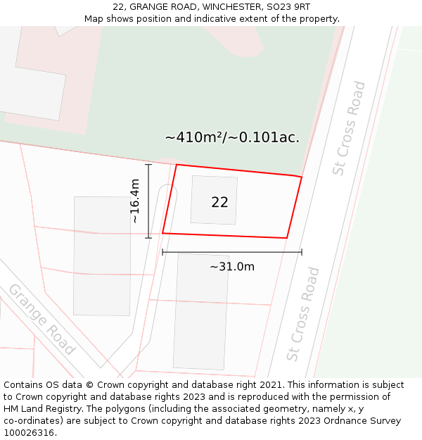 22, GRANGE ROAD, WINCHESTER, SO23 9RT: Plot and title map