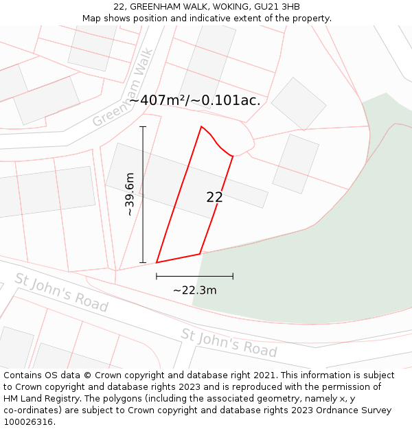 22, GREENHAM WALK, WOKING, GU21 3HB: Plot and title map