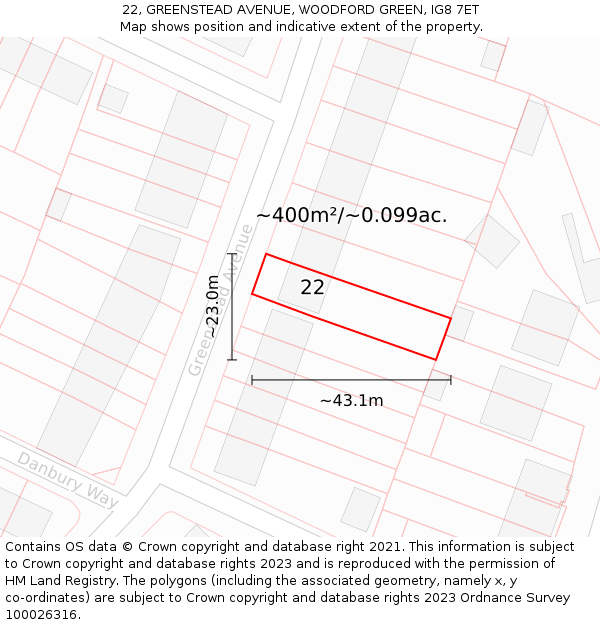 22, GREENSTEAD AVENUE, WOODFORD GREEN, IG8 7ET: Plot and title map