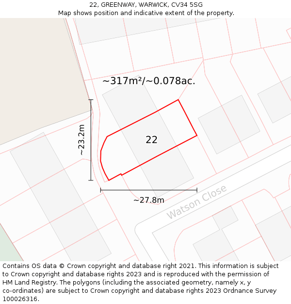 22, GREENWAY, WARWICK, CV34 5SG: Plot and title map