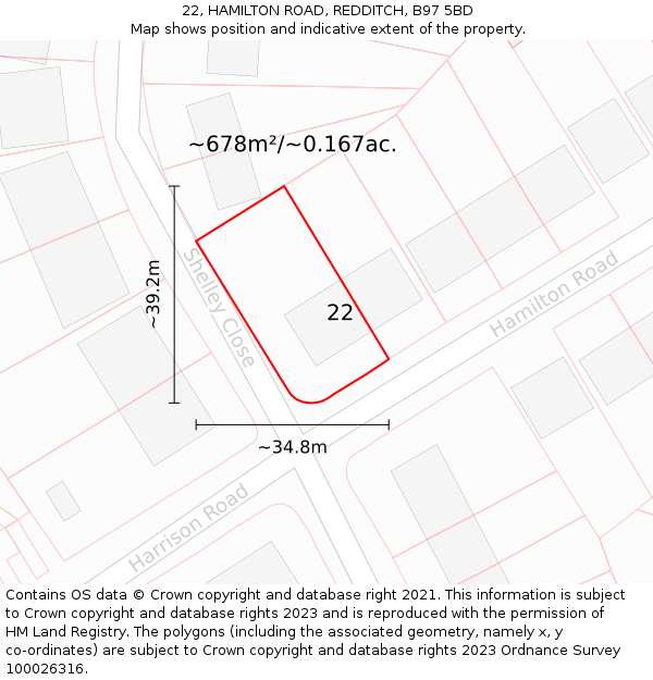 22, HAMILTON ROAD, REDDITCH, B97 5BD: Plot and title map