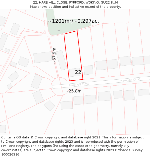 22, HARE HILL CLOSE, PYRFORD, WOKING, GU22 8UH: Plot and title map