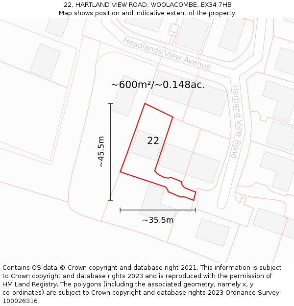 22, HARTLAND VIEW ROAD, WOOLACOMBE, EX34 7HB: Plot and title map