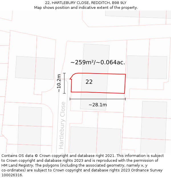 22, HARTLEBURY CLOSE, REDDITCH, B98 9LY: Plot and title map