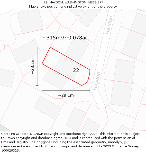 22, HAYDON, WASHINGTON, NE38 8PF: Plot and title map