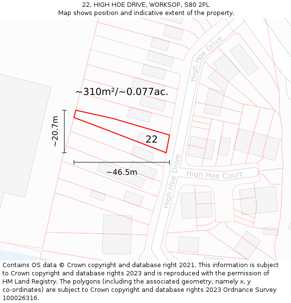 22, HIGH HOE DRIVE, WORKSOP, S80 2PL: Plot and title map