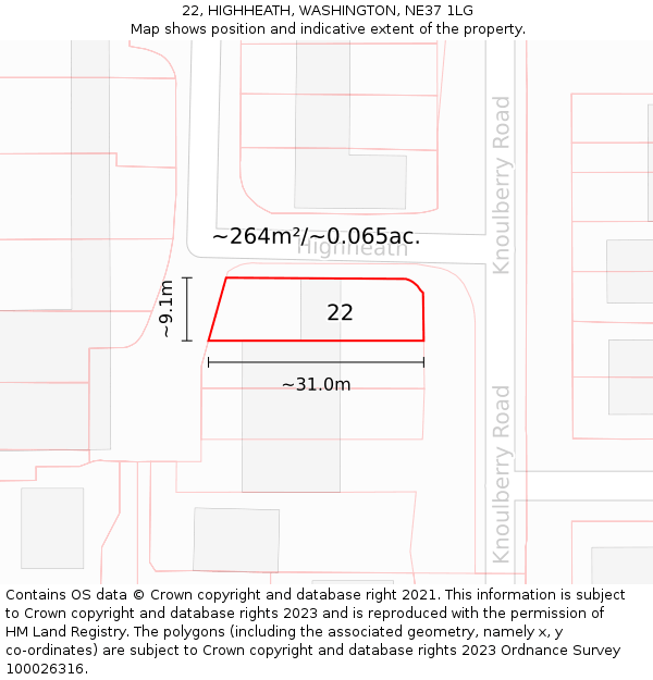 22, HIGHHEATH, WASHINGTON, NE37 1LG: Plot and title map