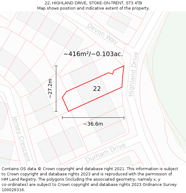 22, HIGHLAND DRIVE, STOKE-ON-TRENT, ST3 4TB: Plot and title map