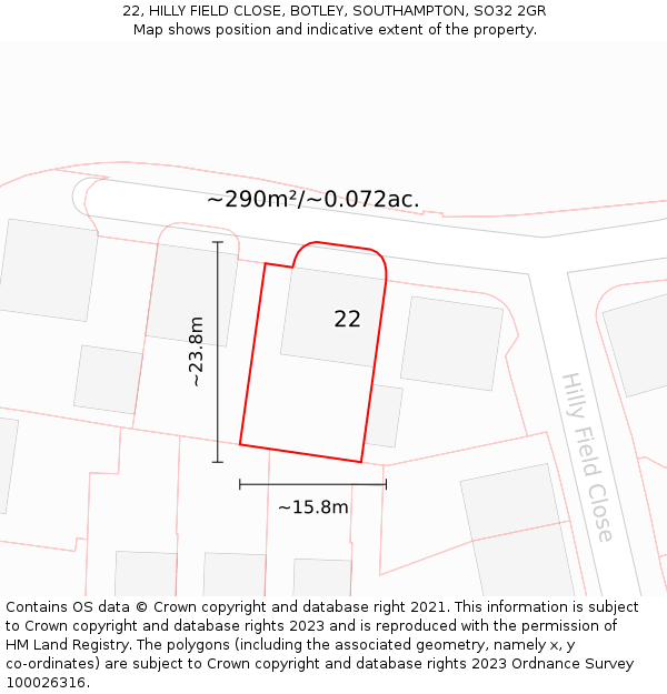 22, HILLY FIELD CLOSE, BOTLEY, SOUTHAMPTON, SO32 2GR: Plot and title map