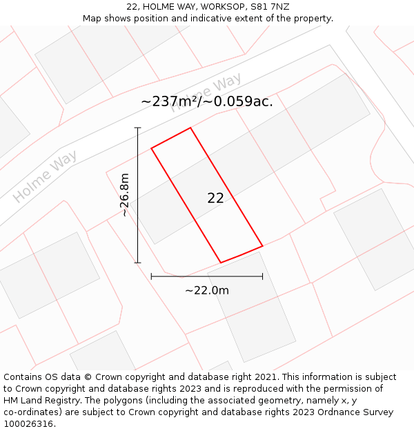 22, HOLME WAY, WORKSOP, S81 7NZ: Plot and title map