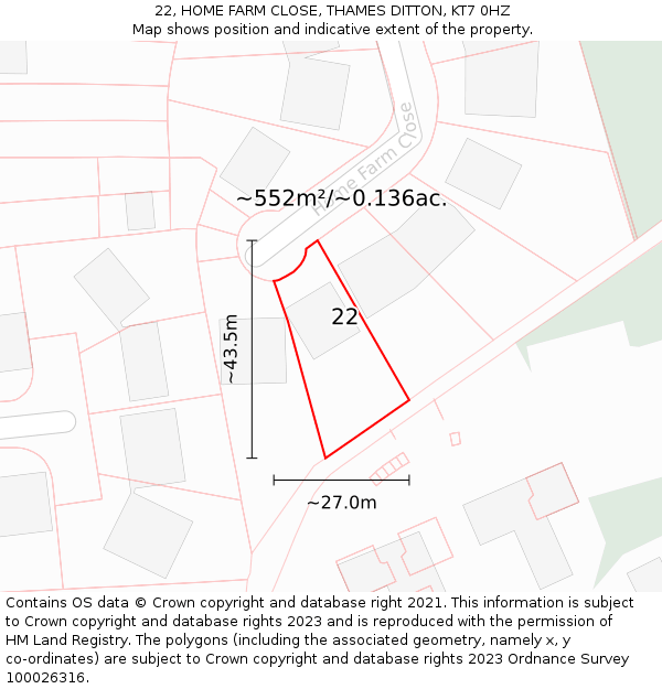 22, HOME FARM CLOSE, THAMES DITTON, KT7 0HZ: Plot and title map