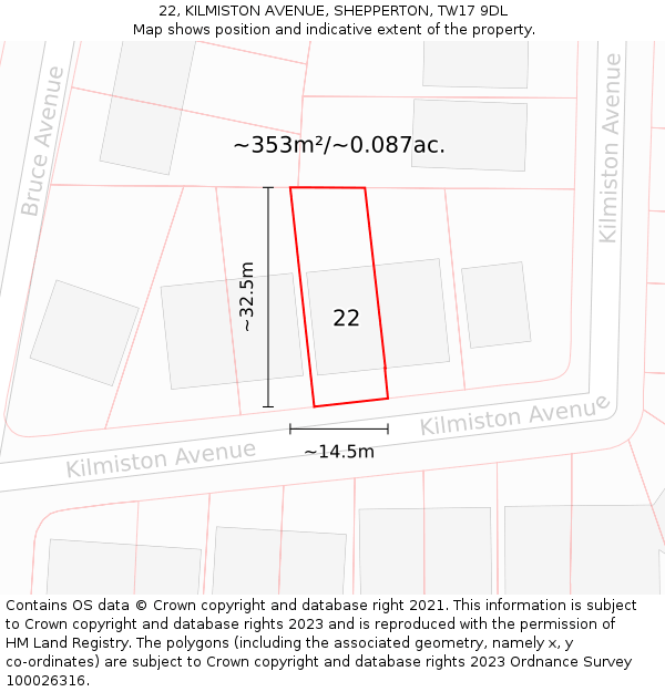 22, KILMISTON AVENUE, SHEPPERTON, TW17 9DL: Plot and title map