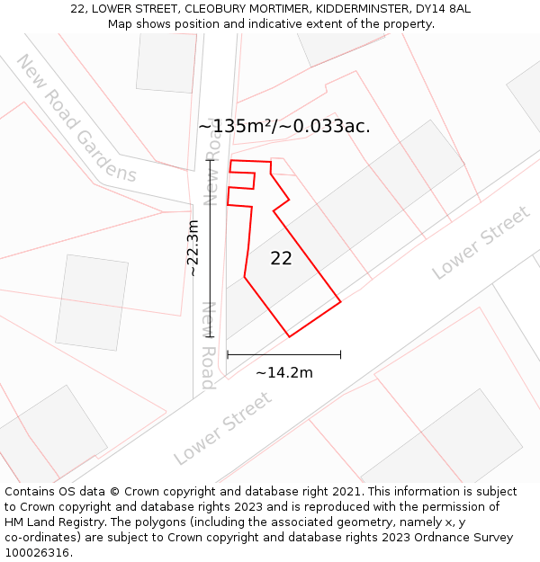 22, LOWER STREET, CLEOBURY MORTIMER, KIDDERMINSTER, DY14 8AL: Plot and title map