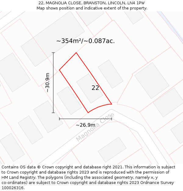 22, MAGNOLIA CLOSE, BRANSTON, LINCOLN, LN4 1PW: Plot and title map