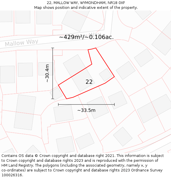22, MALLOW WAY, WYMONDHAM, NR18 0XF: Plot and title map