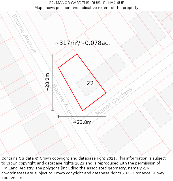 22, MANOR GARDENS, RUISLIP, HA4 6UB: Plot and title map