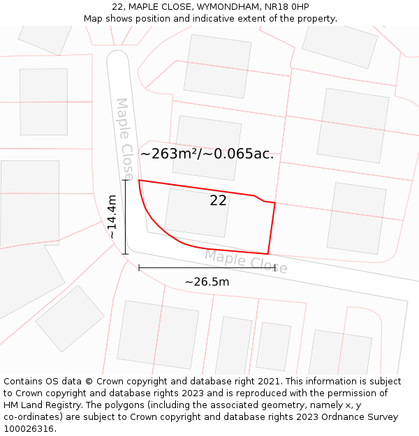 22, MAPLE CLOSE, WYMONDHAM, NR18 0HP: Plot and title map