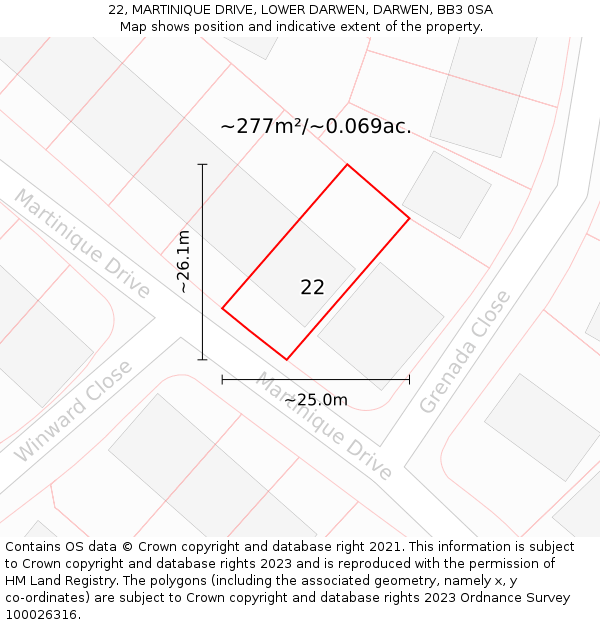 22, MARTINIQUE DRIVE, LOWER DARWEN, DARWEN, BB3 0SA: Plot and title map