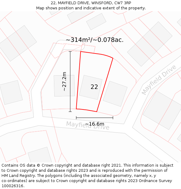 22, MAYFIELD DRIVE, WINSFORD, CW7 3RP: Plot and title map