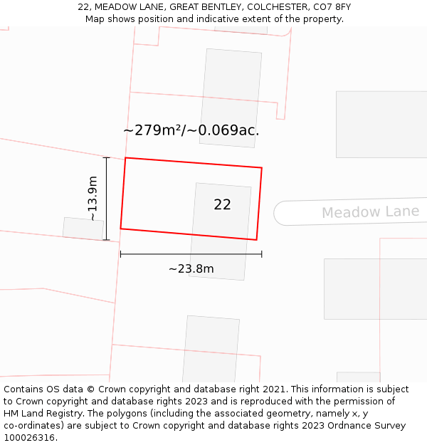 22, MEADOW LANE, GREAT BENTLEY, COLCHESTER, CO7 8FY: Plot and title map