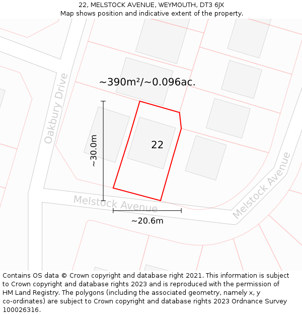 22, MELSTOCK AVENUE, WEYMOUTH, DT3 6JX: Plot and title map