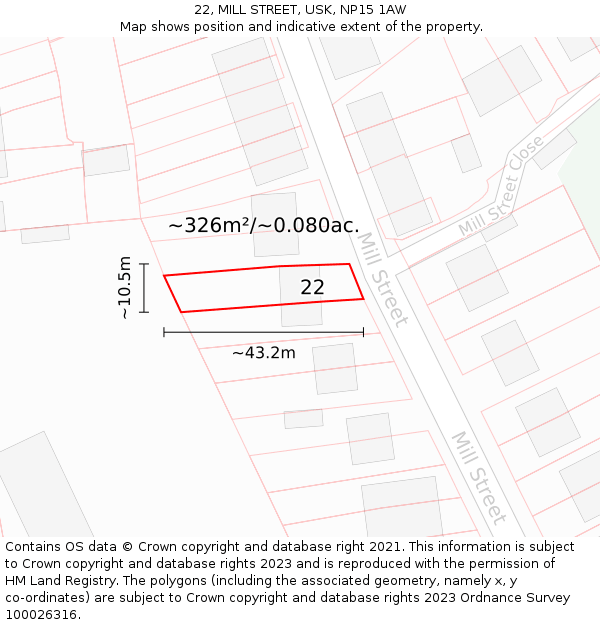 22, MILL STREET, USK, NP15 1AW: Plot and title map
