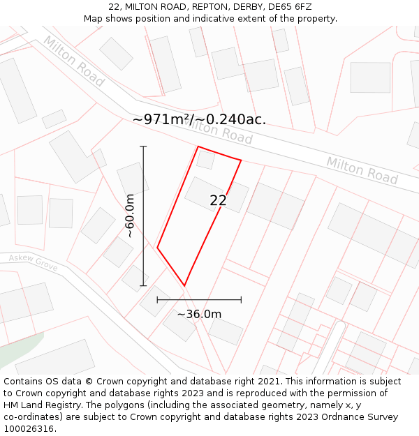 22, MILTON ROAD, REPTON, DERBY, DE65 6FZ: Plot and title map