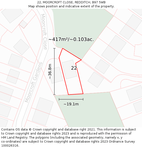 22, MOORCROFT CLOSE, REDDITCH, B97 5WB: Plot and title map
