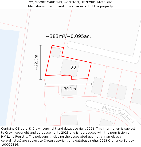 22, MOORE GARDENS, WOOTTON, BEDFORD, MK43 9RQ: Plot and title map