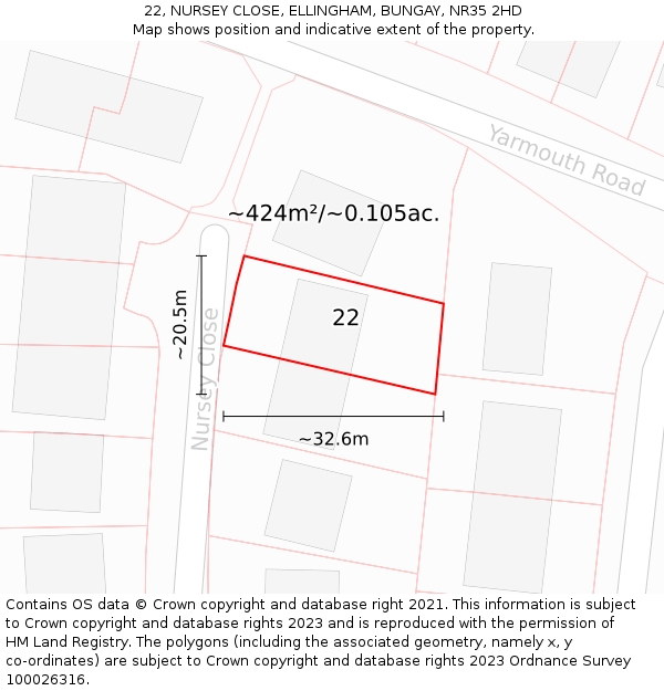 22, NURSEY CLOSE, ELLINGHAM, BUNGAY, NR35 2HD: Plot and title map