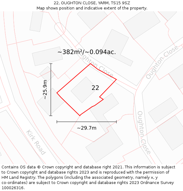 22, OUGHTON CLOSE, YARM, TS15 9SZ: Plot and title map