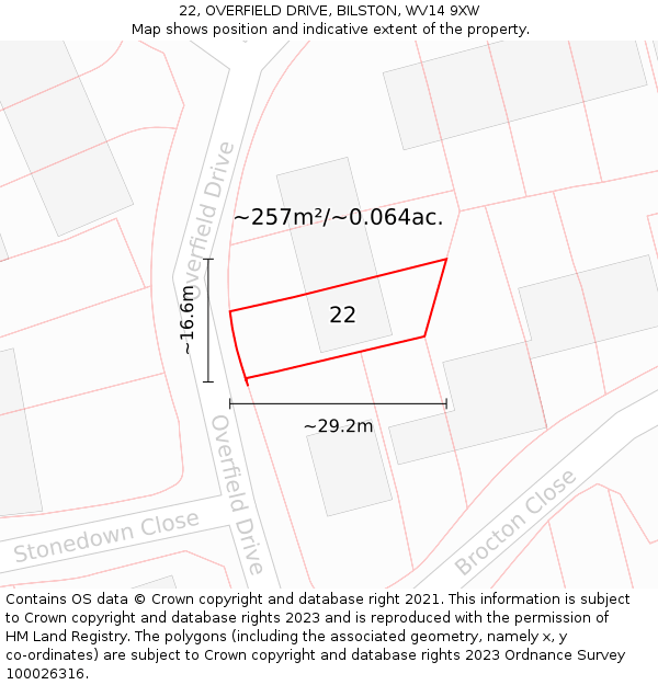 22, OVERFIELD DRIVE, BILSTON, WV14 9XW: Plot and title map