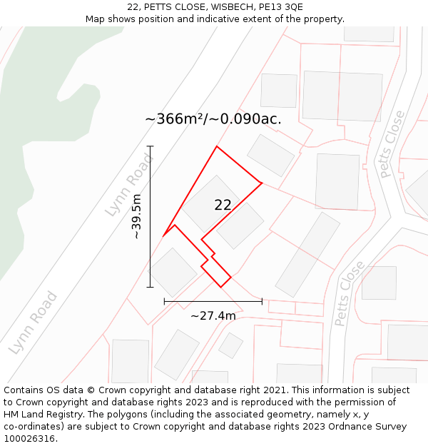 22, PETTS CLOSE, WISBECH, PE13 3QE: Plot and title map