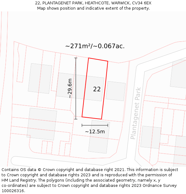 22, PLANTAGENET PARK, HEATHCOTE, WARWICK, CV34 6EX: Plot and title map