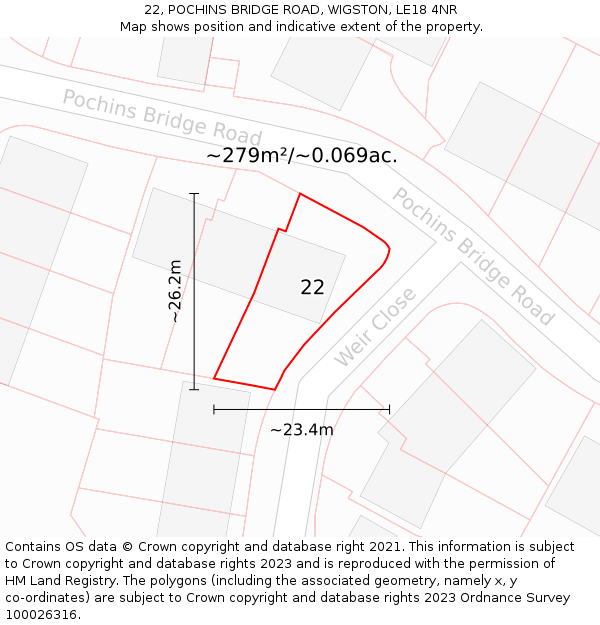 22, POCHINS BRIDGE ROAD, WIGSTON, LE18 4NR: Plot and title map