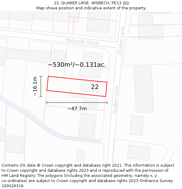 22, QUAKER LANE, WISBECH, PE13 2JQ: Plot and title map