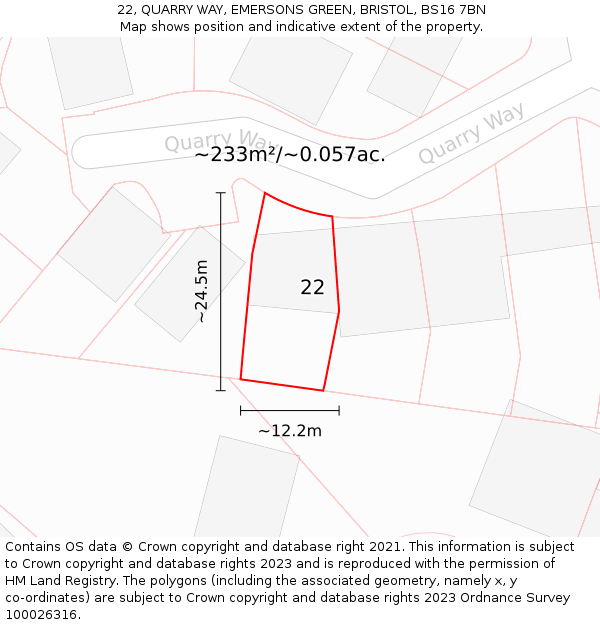22, QUARRY WAY, EMERSONS GREEN, BRISTOL, BS16 7BN: Plot and title map