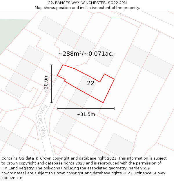 22, RANCES WAY, WINCHESTER, SO22 4PN: Plot and title map