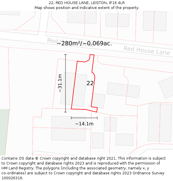 22, RED HOUSE LANE, LEISTON, IP16 4LR: Plot and title map