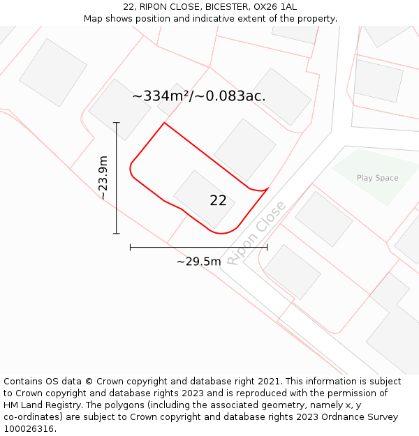 22, RIPON CLOSE, BICESTER, OX26 1AL: Plot and title map