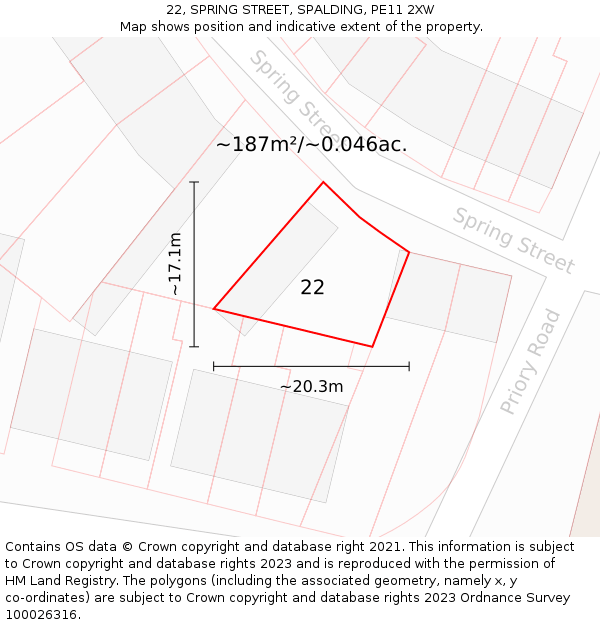 22, SPRING STREET, SPALDING, PE11 2XW: Plot and title map