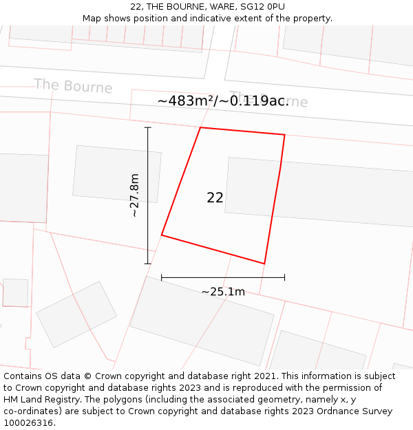 22, THE BOURNE, WARE, SG12 0PU: Plot and title map