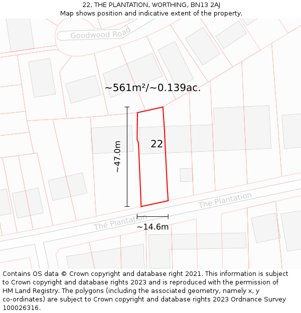 22, THE PLANTATION, WORTHING, BN13 2AJ: Plot and title map