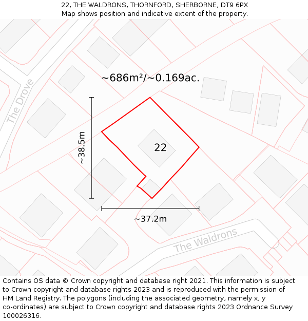 22, THE WALDRONS, THORNFORD, SHERBORNE, DT9 6PX: Plot and title map