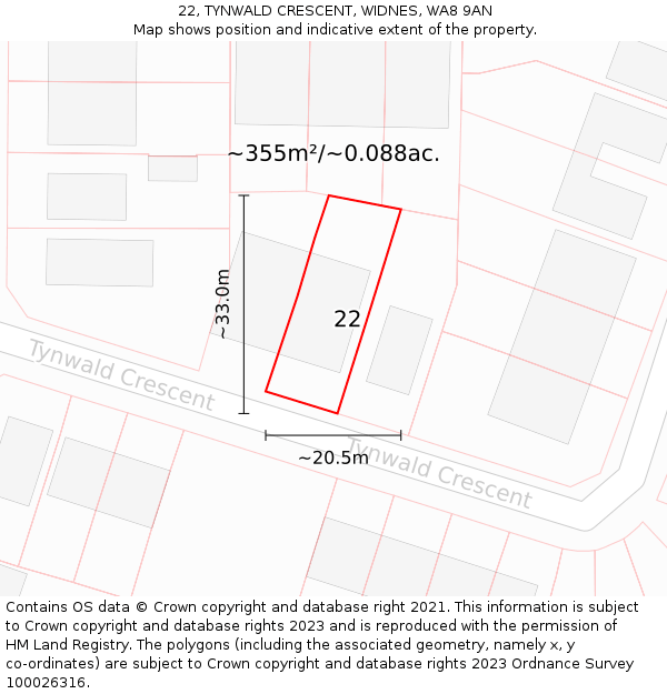 22, TYNWALD CRESCENT, WIDNES, WA8 9AN: Plot and title map