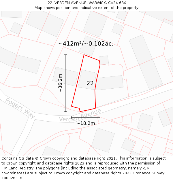 22, VERDEN AVENUE, WARWICK, CV34 6RX: Plot and title map