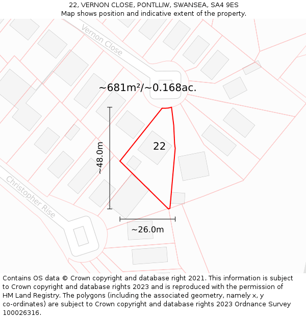 22, VERNON CLOSE, PONTLLIW, SWANSEA, SA4 9ES: Plot and title map
