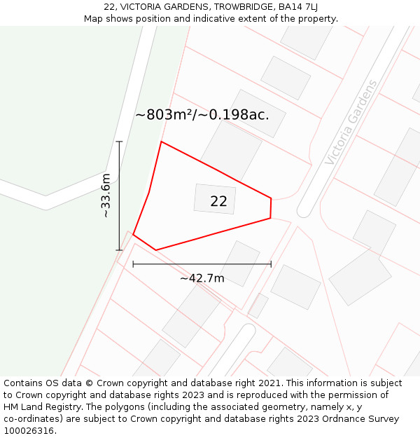 22, VICTORIA GARDENS, TROWBRIDGE, BA14 7LJ: Plot and title map