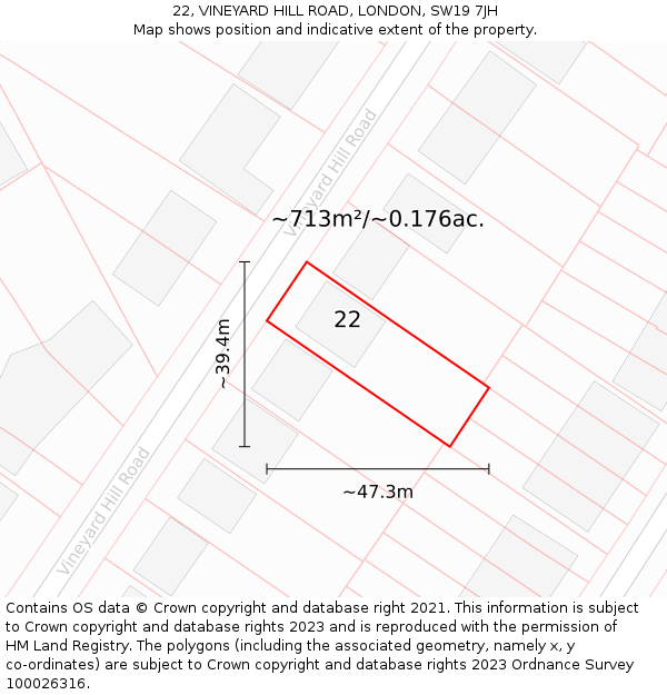 22, VINEYARD HILL ROAD, LONDON, SW19 7JH: Plot and title map