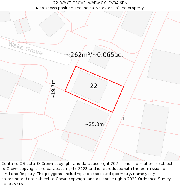 22, WAKE GROVE, WARWICK, CV34 6PN: Plot and title map